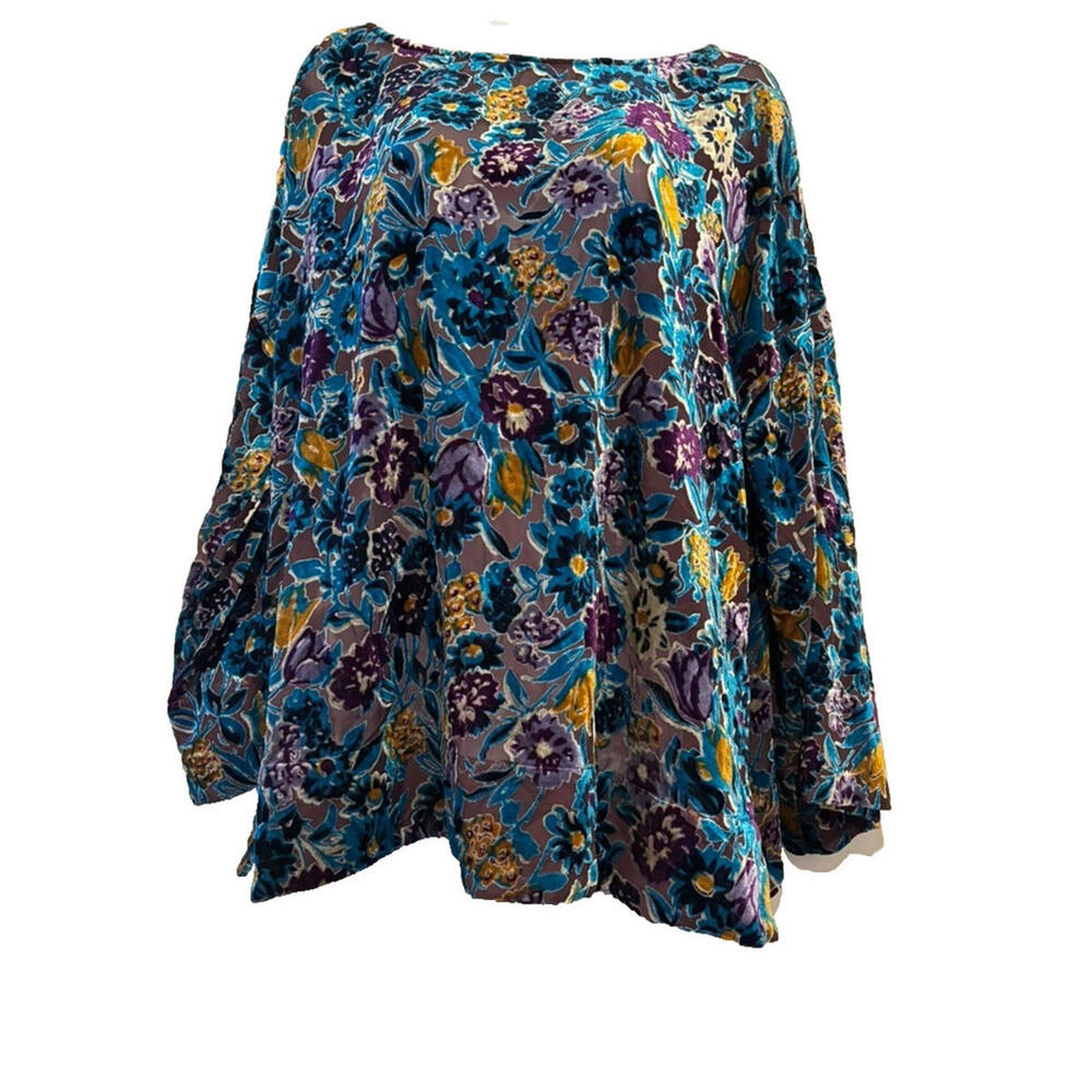 Soft Surroundings szL velvet/sheer long sleeve floral boho shirt wide sleeve3134